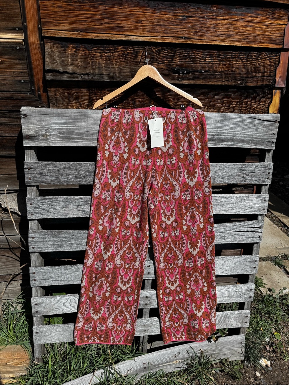 Sezane Pink & Brown Paisley-Style Wide-Leg Pants